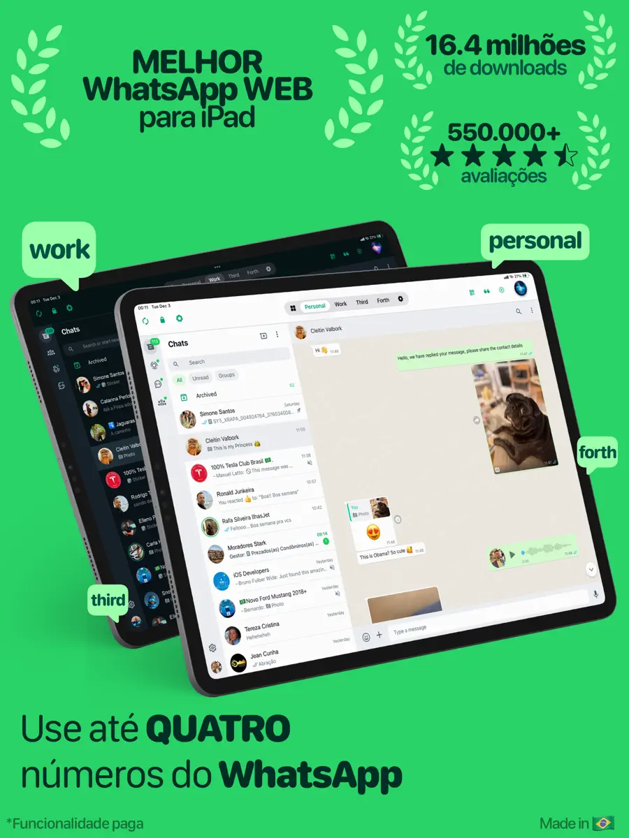 Screenshot do Messenger Multi Business na App Store mostrando quatro números do WhatsApp no iPad