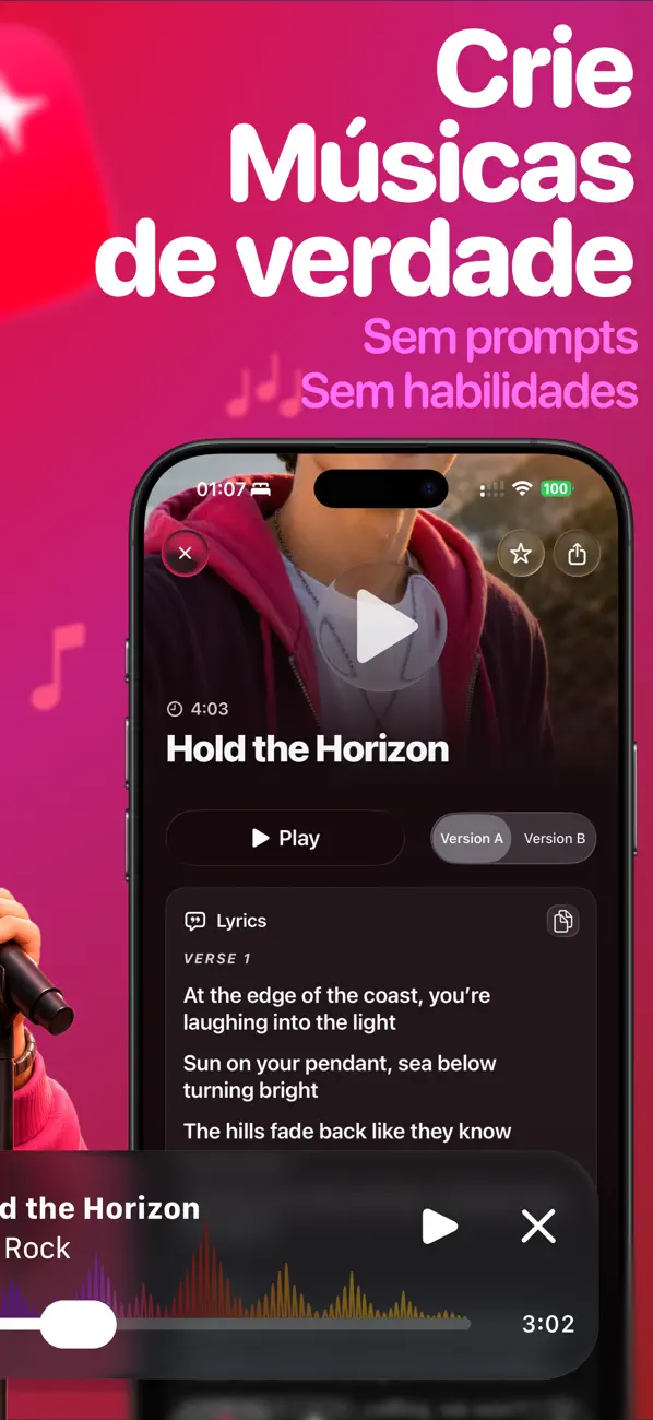 Screenshot do SnapSong na App Store: crie músicas com IA, voz e letra