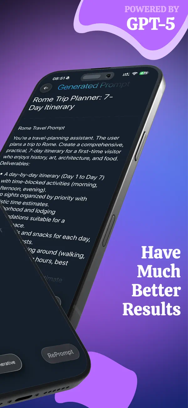 RePrompt App Store screenshot showing an improved AI prompt result