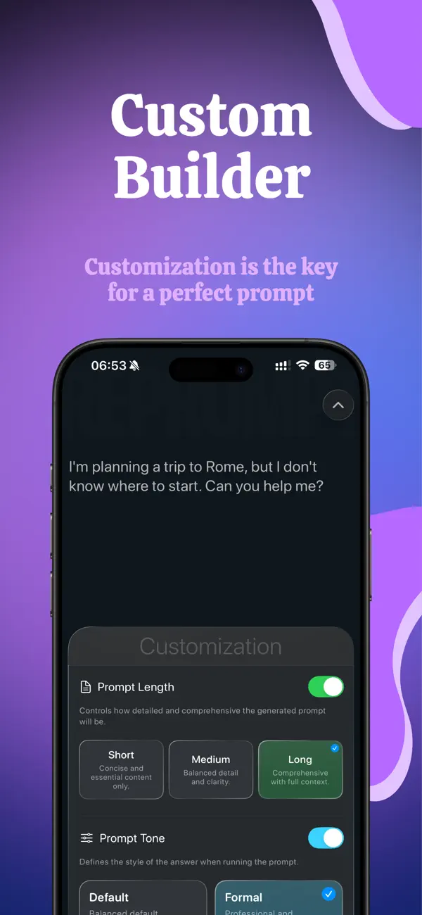 RePrompt App Store screenshot showing the custom prompt builder