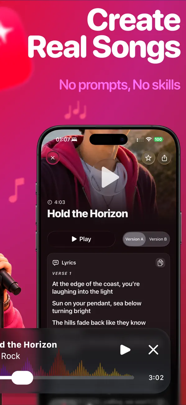 SnapSong App Store screenshot: create real AI songs with vocals and lyrics