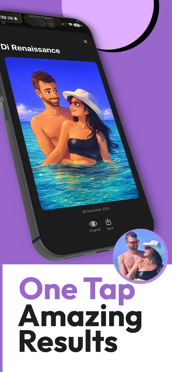 ToonFilter App Store screenshot showing one-tap AI cartoon results