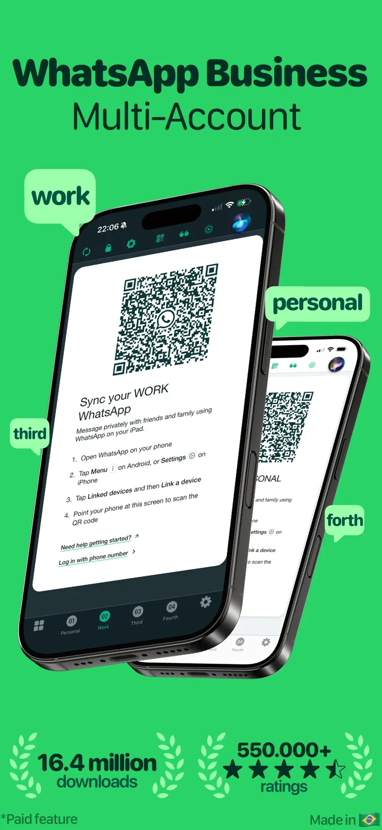 Tela do Messenger Multi Business com várias contas do WhatsApp Business em um iPhone