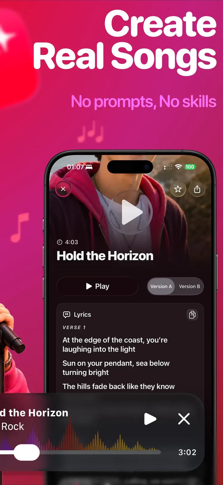 Tela do player do SnapSong com uma música gerada, a letra e duas versões para comparar