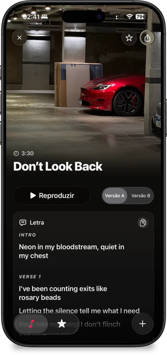 Don't Look Back: tela da música gerada a partir de uma foto de carro